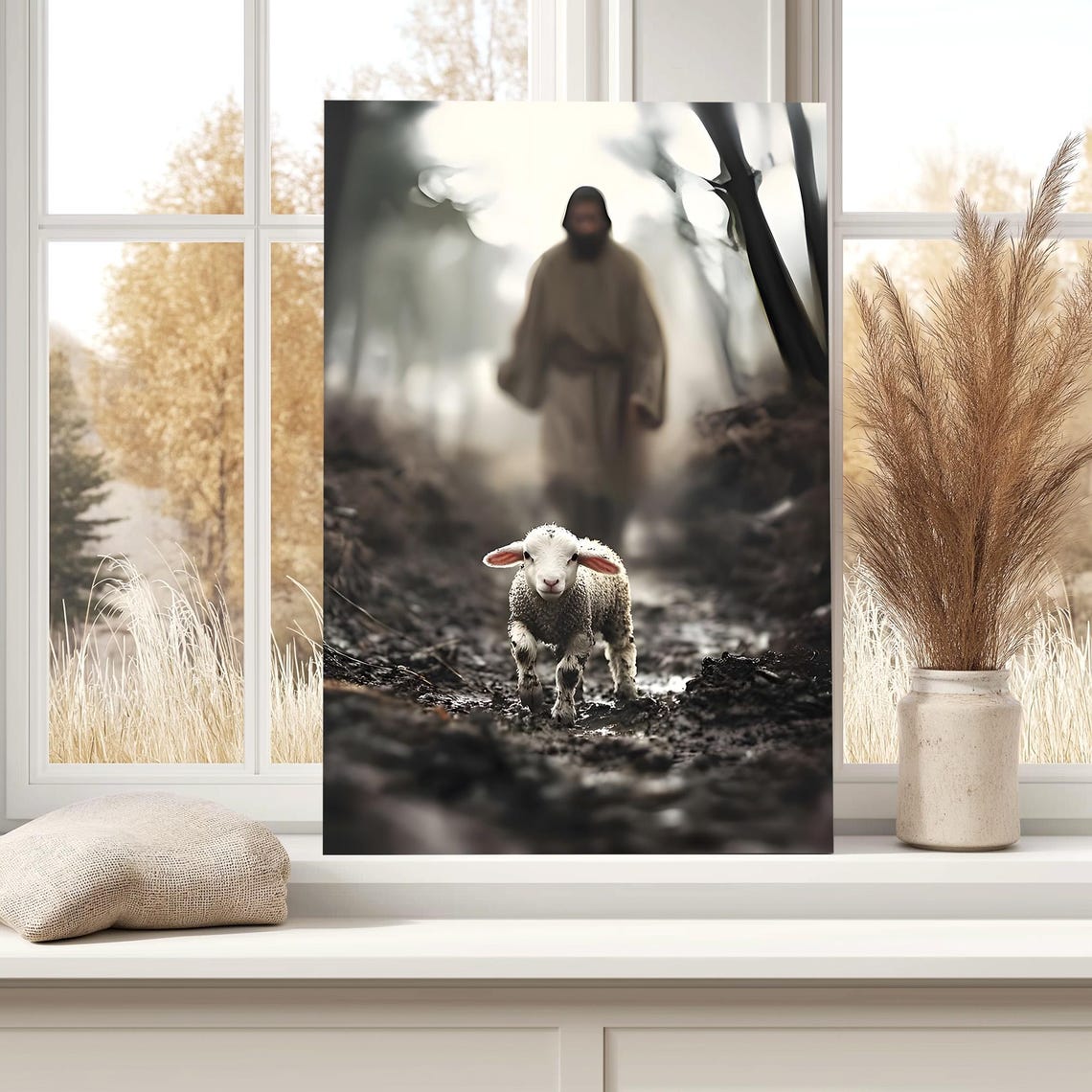 Lost Lamb On Dark Muddy Path With Shepherd Emerging Behind Poster - Image 2
