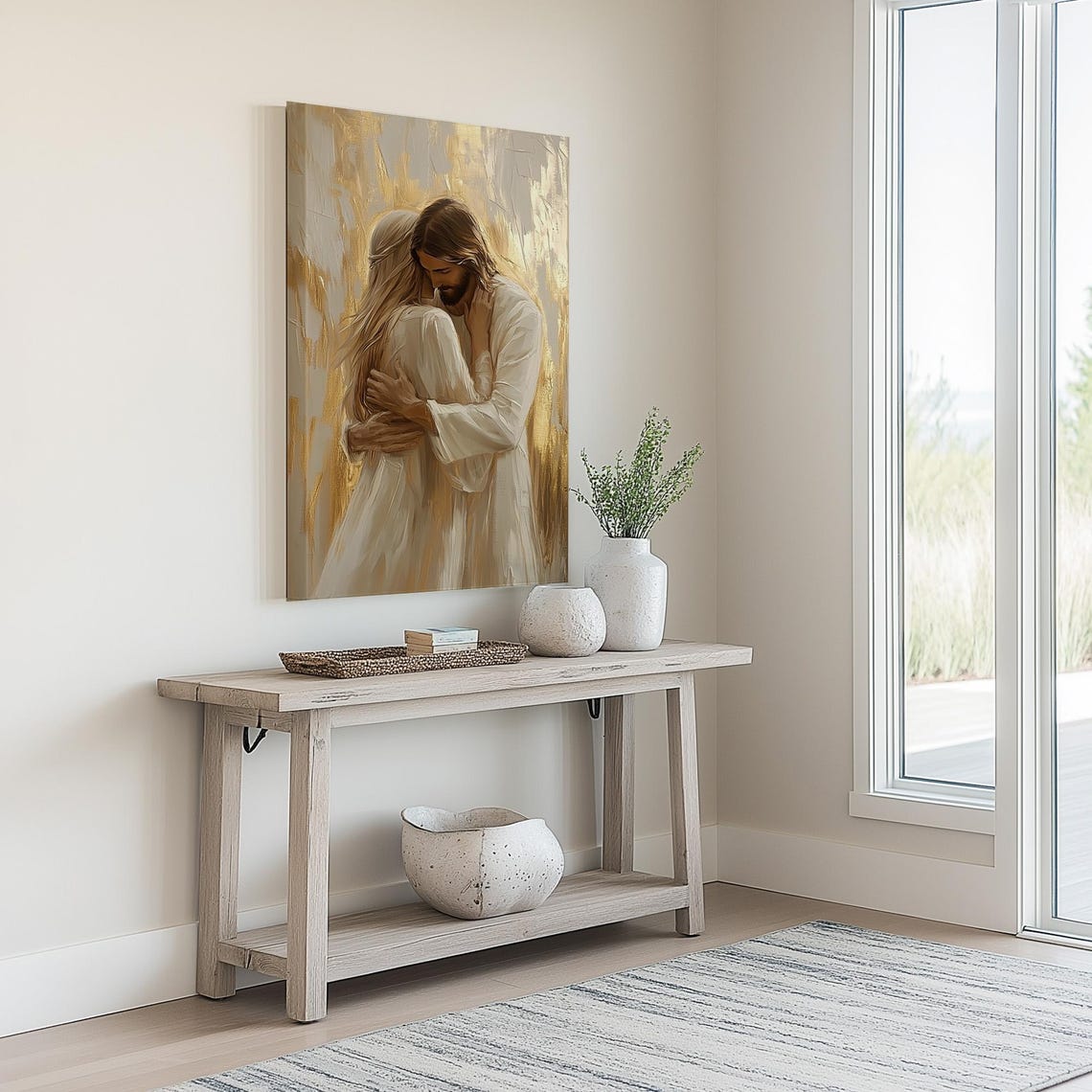 Jesus Embracing Blonde Woman Against Shimmering Gold Leaf Poster - Image 2
