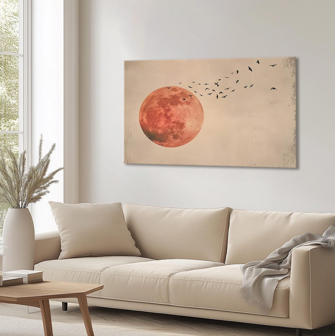 Blood Red Moon With Flock Of Birds Minimalist Canvas Wall Art - Image 3