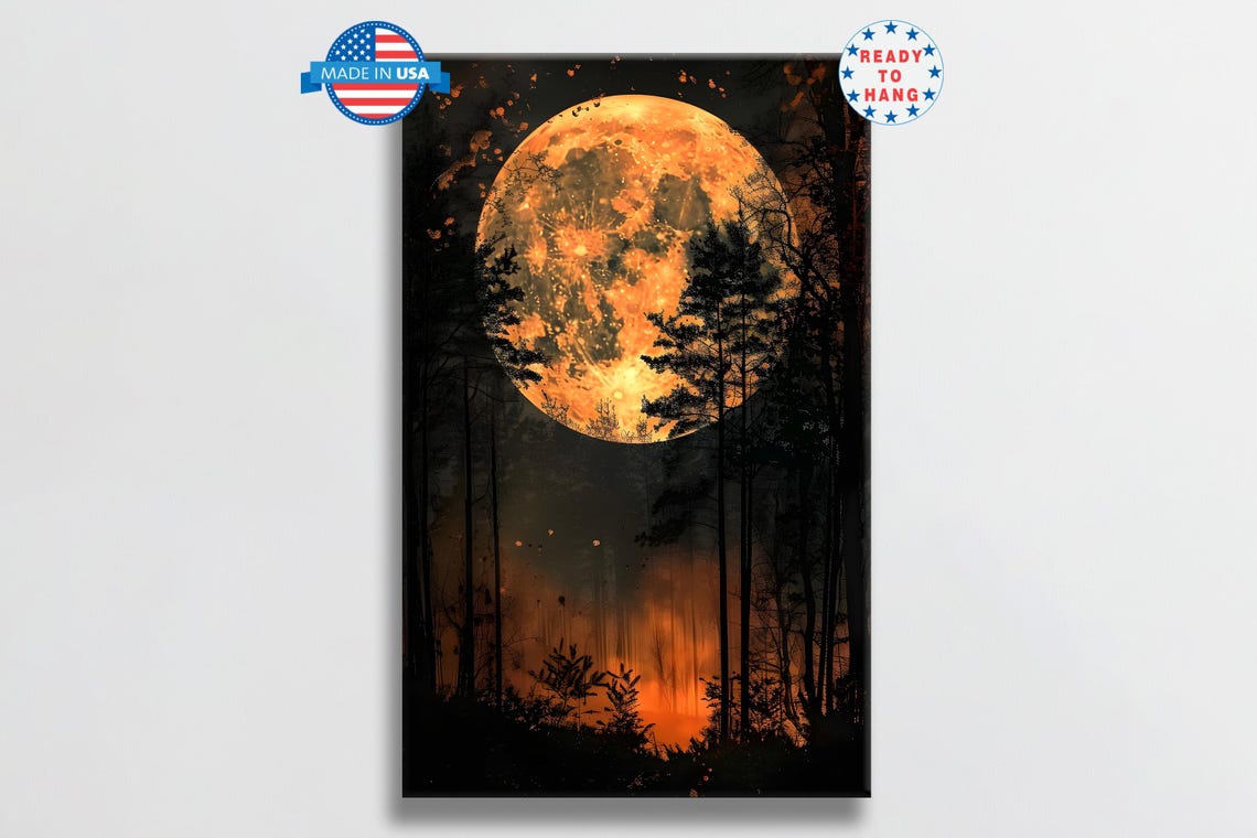 Blood Moon Rising Over Dark Forest Silhouette Dramatic Wall Art