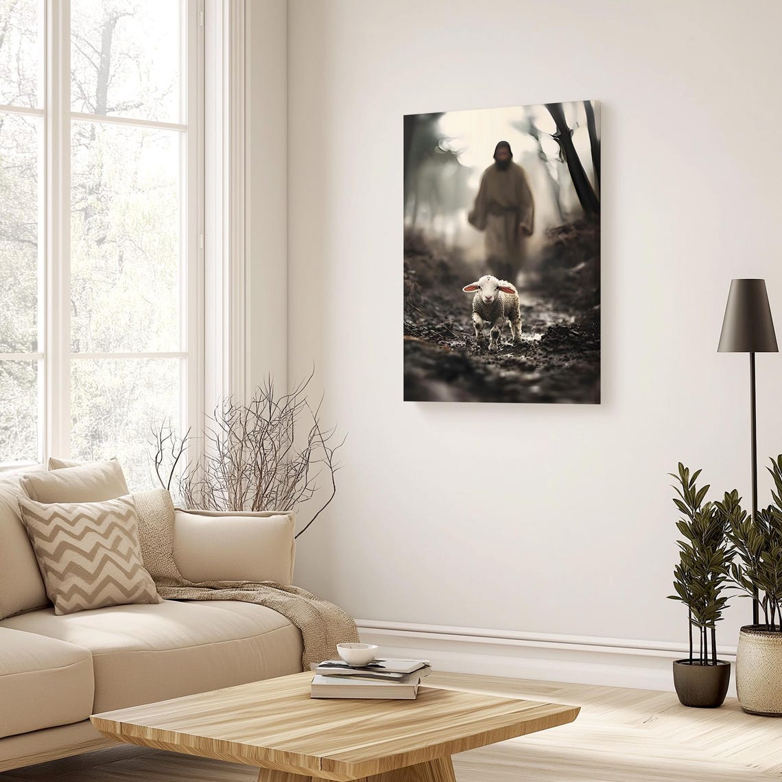 Lost Lamb On Dark Muddy Path With Shepherd Emerging Behind Poster - Image 3