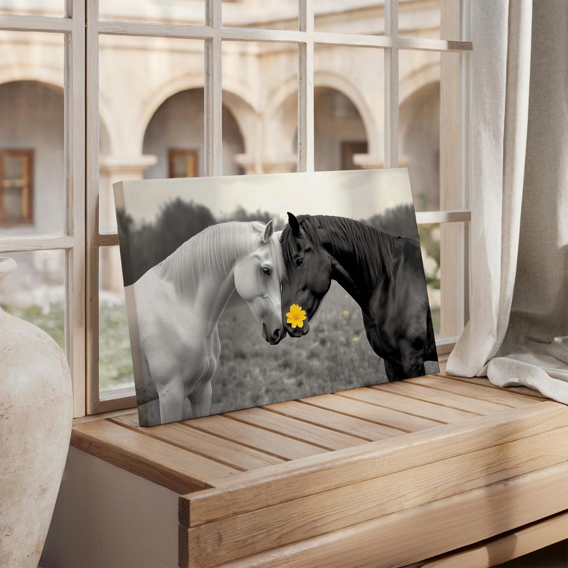 Black And White Horse Couple Nuzzling With Yellow Flower Accent Poster - Image 4