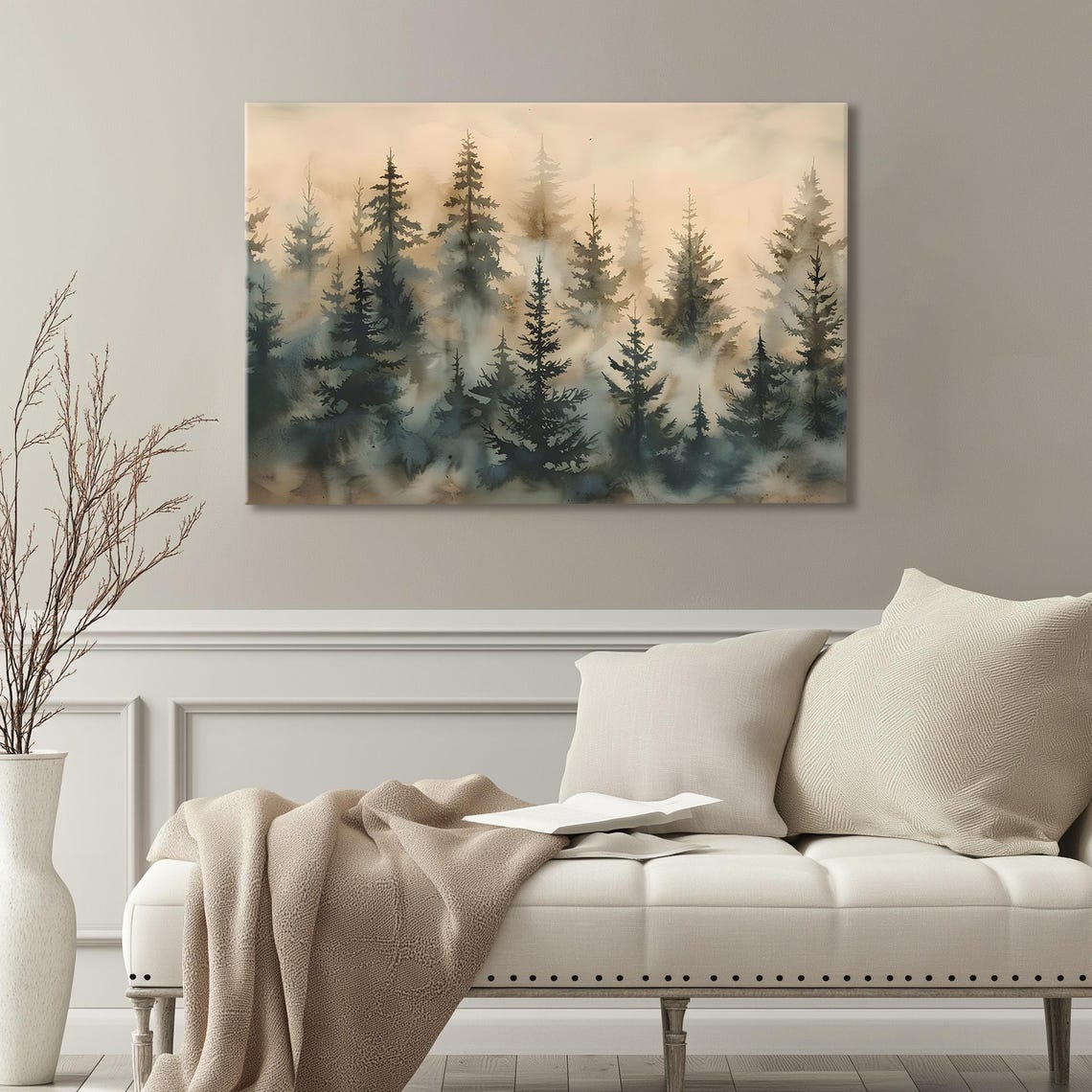 Foggy Pine Forest Watercolor Misty Evergreen Tree Scene Wall Art - Image 3