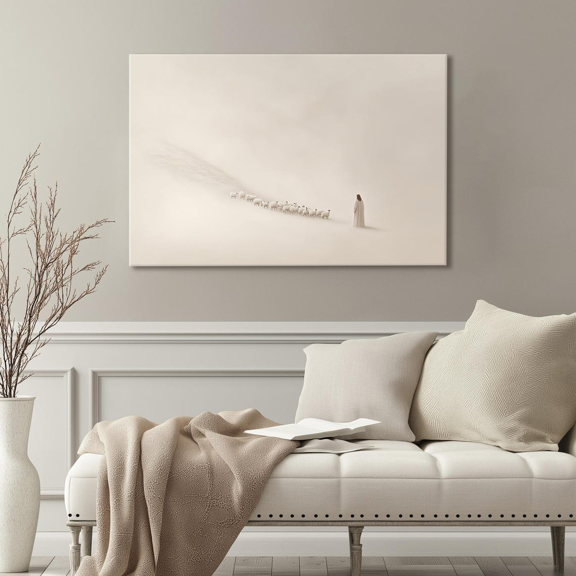 Good Shepherd Leading Tiny Flock Across White Expansive Field Poster - Image 4