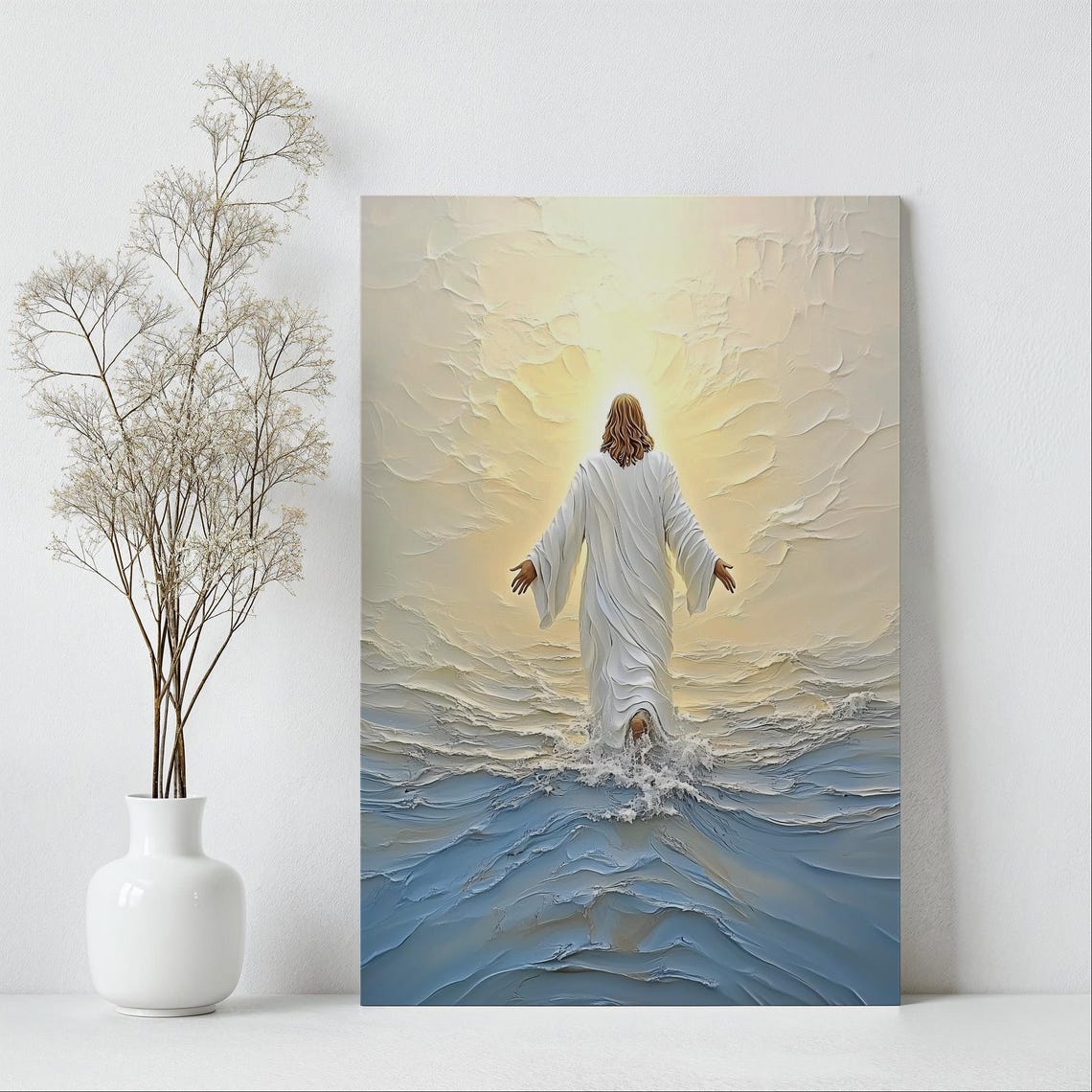 Jesus Christ Walking On Water At Sunrise Reflection Painting Poster - Image 7