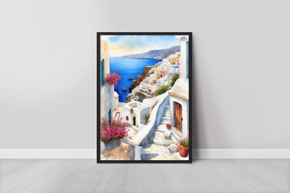 Santorini Watercolor Painting Greece Island Art Print Wall Cityscape Travel Poster