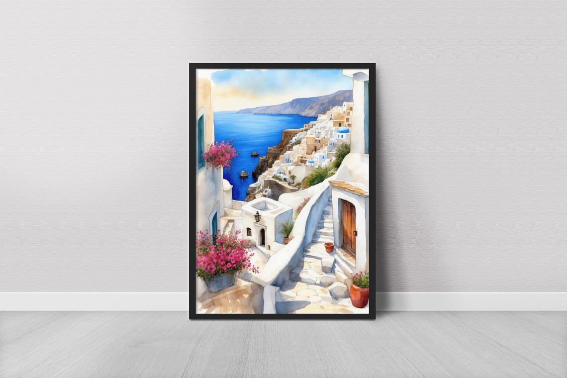Whitewashed Cliffside Steps Greek Island Coastal Watercolor Art Print