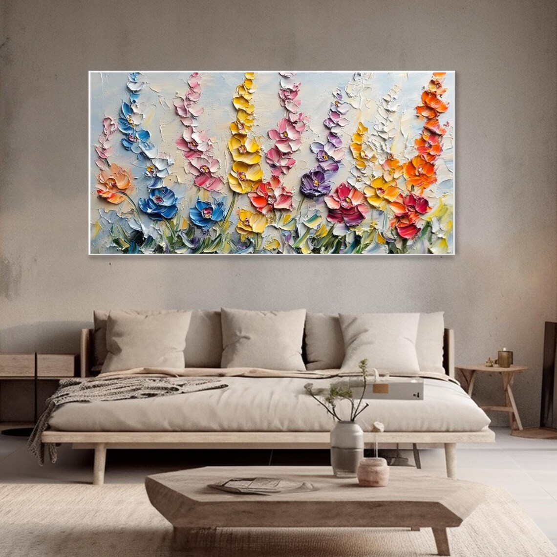 Colorful Delphinium Flowers Oil Painting Tall Floral Impasto Poster