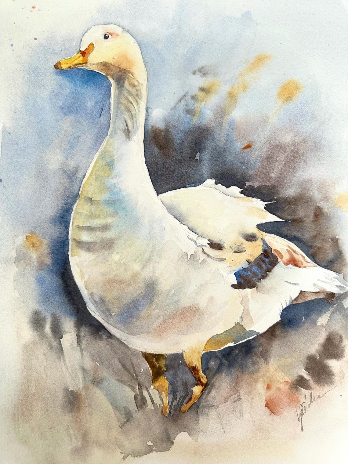 Graceful White Goose in a Soft Blue Wash Watercolor Bird Poster - Image 3