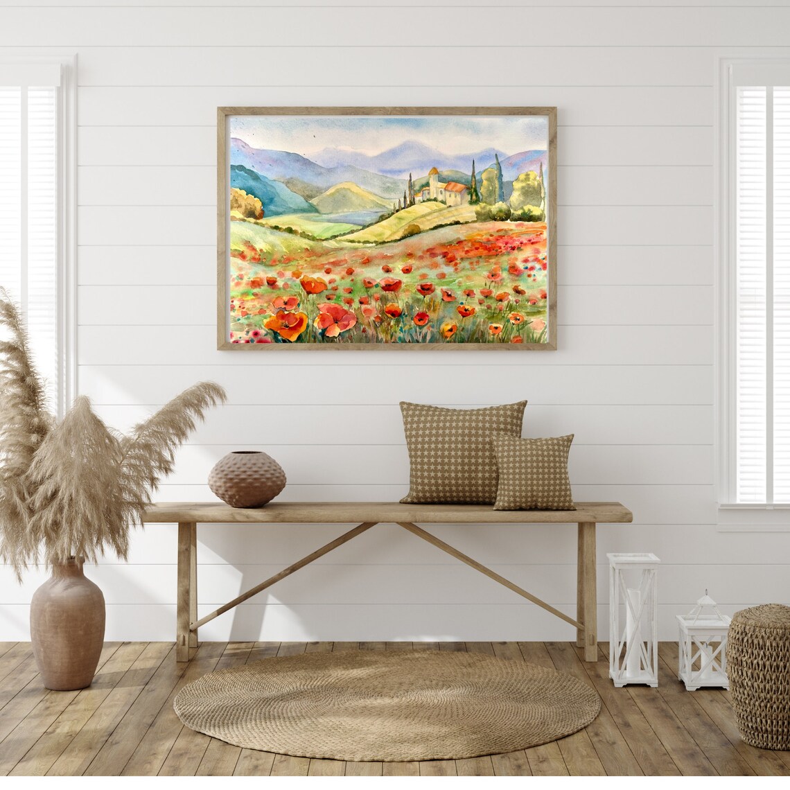Tuscan Villa Above a Red Poppy Field Watercolor Landscape Poster - Image 5