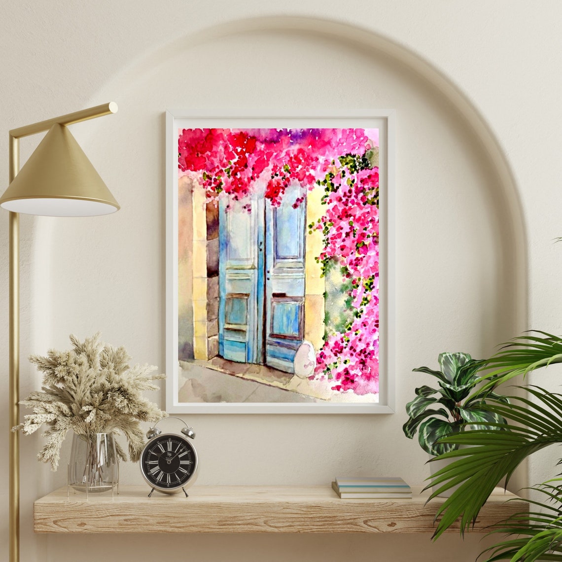 Blue Wooden Doors With Pink Bougainvillea Watercolor Art Poster - Image 2