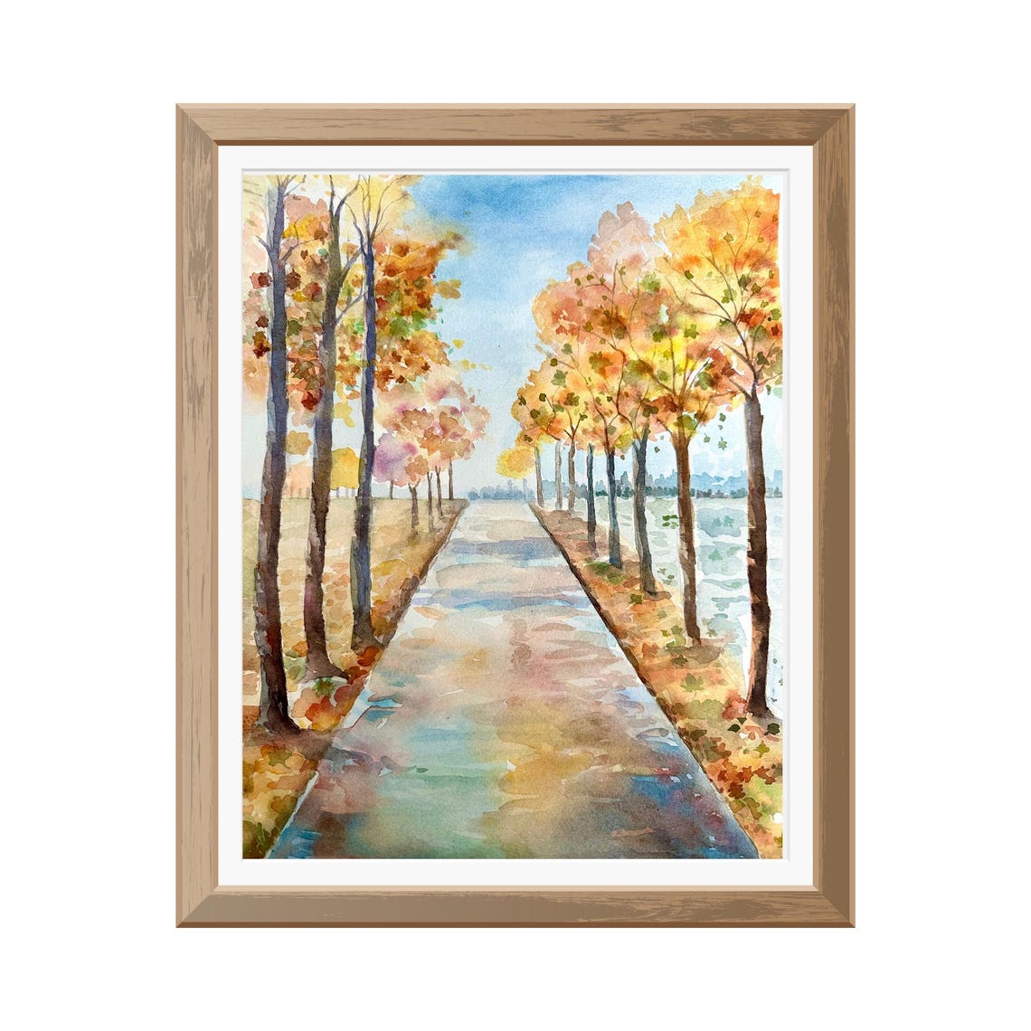 Autumn Tree Lined Path Beside a River Watercolor Landscape Poster - Image 7