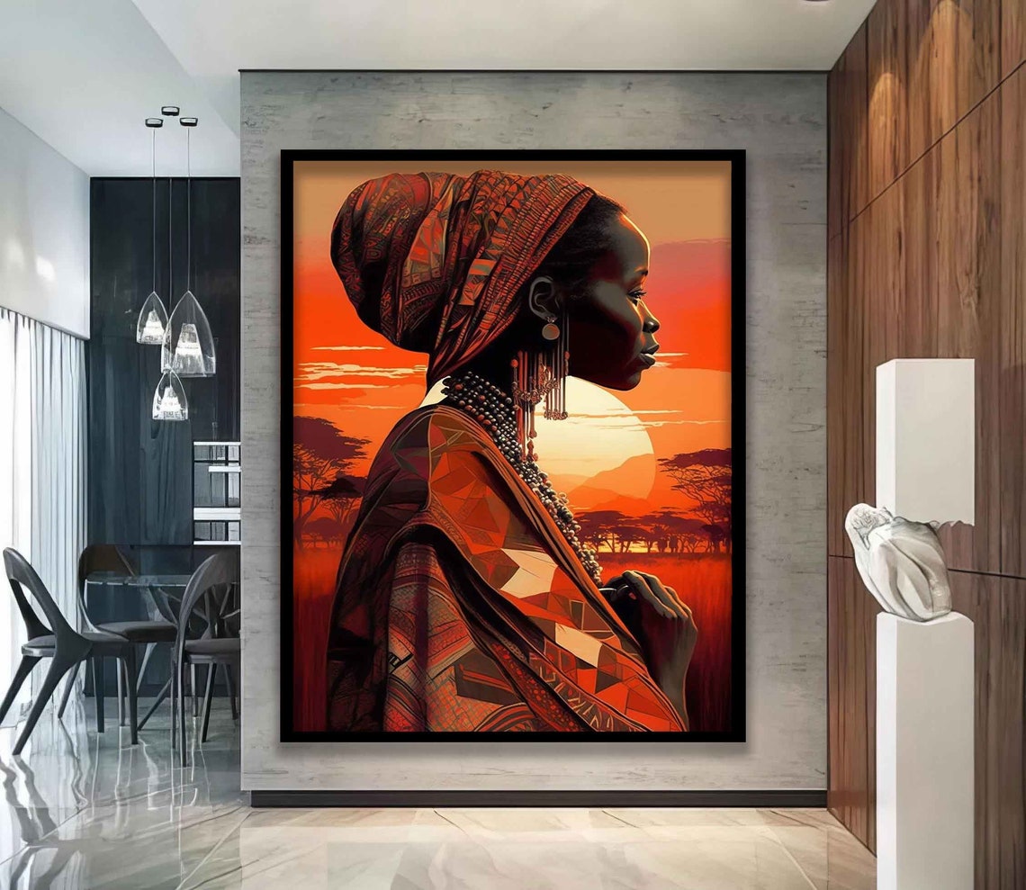 African Woman Sunset Savanna Silhouette Red Headwrap Ethnic Art Poster - Image 4