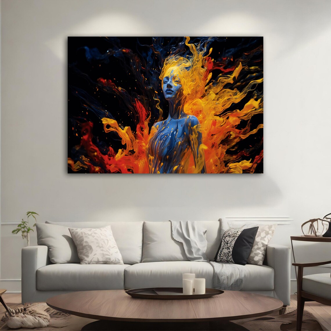 Blue Woman Fire Flames Surreal Portrait Orange Yellow Dramatic Wall Art Poster - Image 4