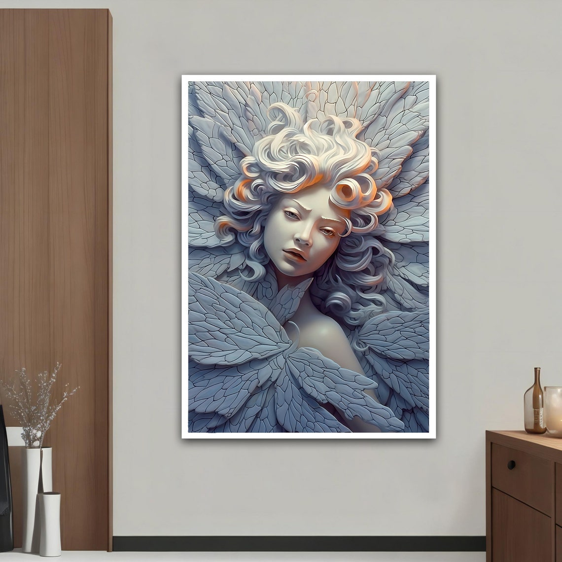 Sculpture Style Woman Feather Wings Cool Blue Gray Wall Art Print - Image 3
