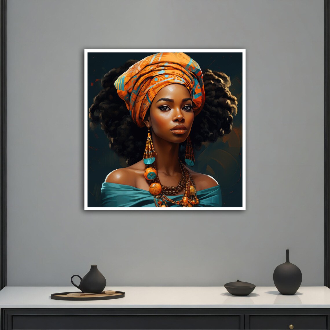 African Woman In Orange Headwrap With Tribal Jewelry Art Poster - Image 2