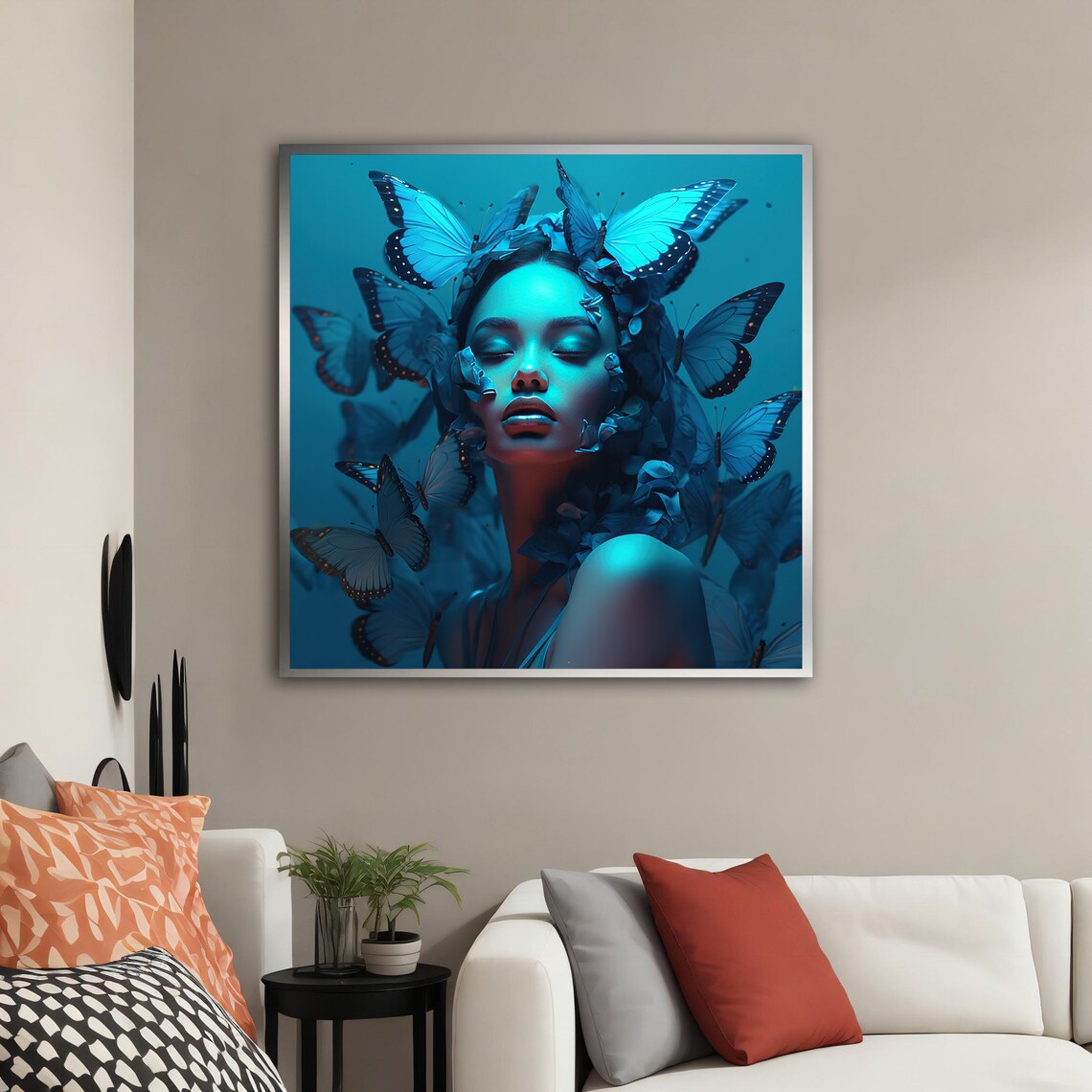 Woman Portrait With Blue Butterflies In Monochrome Teal Art Poster - Image 2