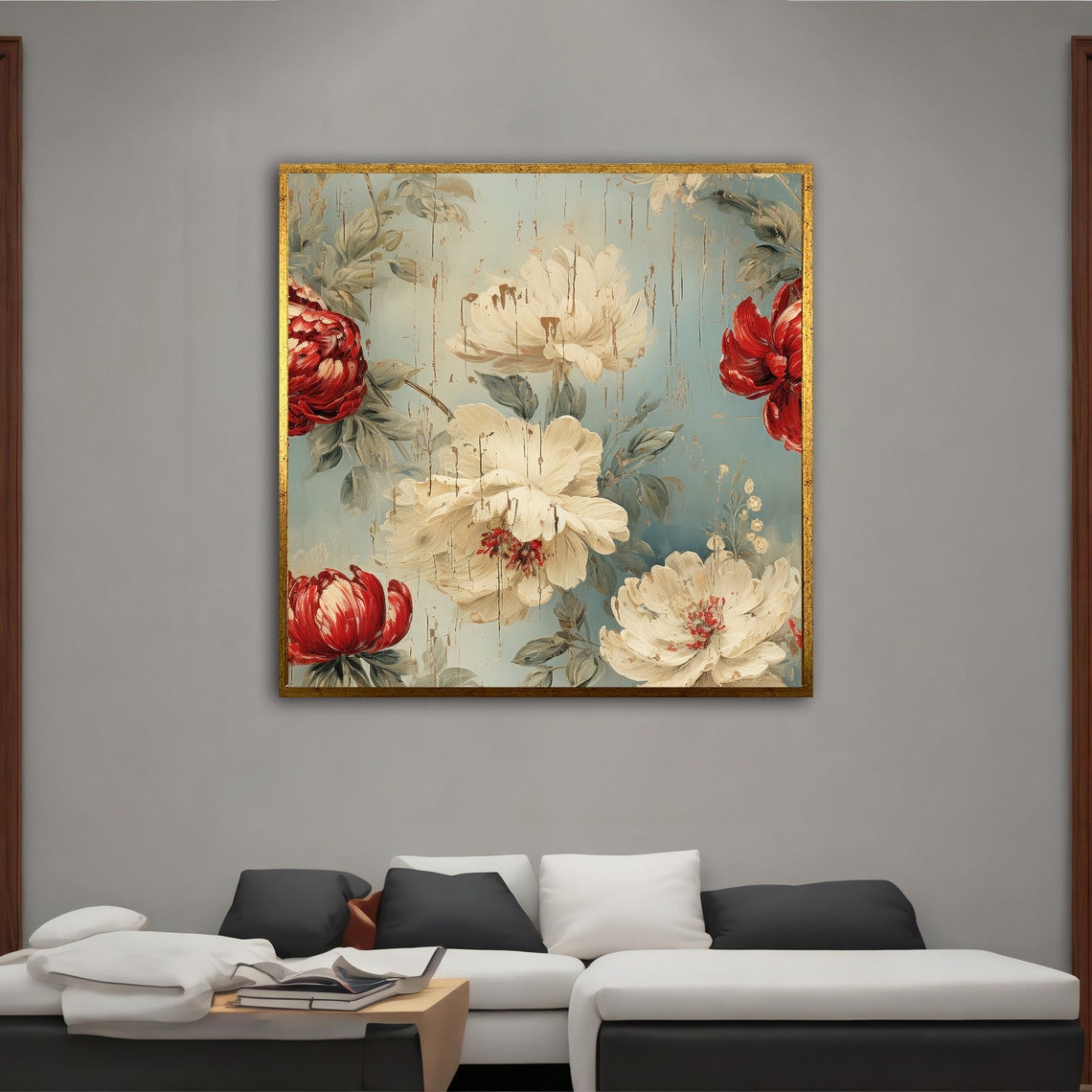 Vintage White and Red Peonies Teal Distressed Floral Art Poster - Image 5