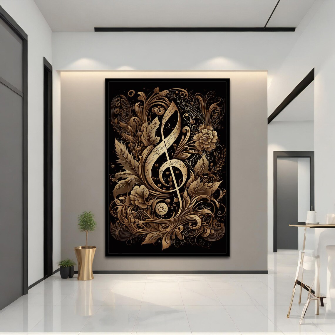 Golden Treble Clef With Baroque Floral Ornament On Black Poster - Image 5