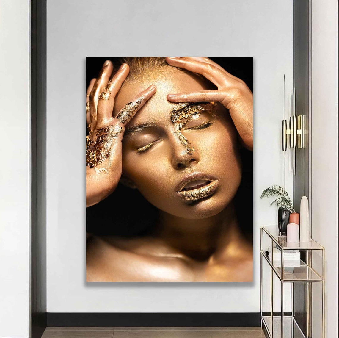 Gold Leaf Makeup Woman Portrait Hands Luxury Beauty Wall Art Poster - Image 4