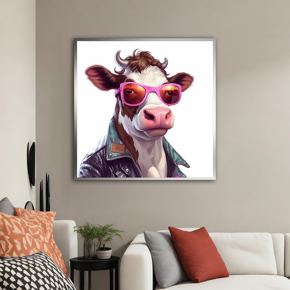 Funny Cow Wearing Pink Sunglasses Leather Jacket Animal Art Poster - Image 2