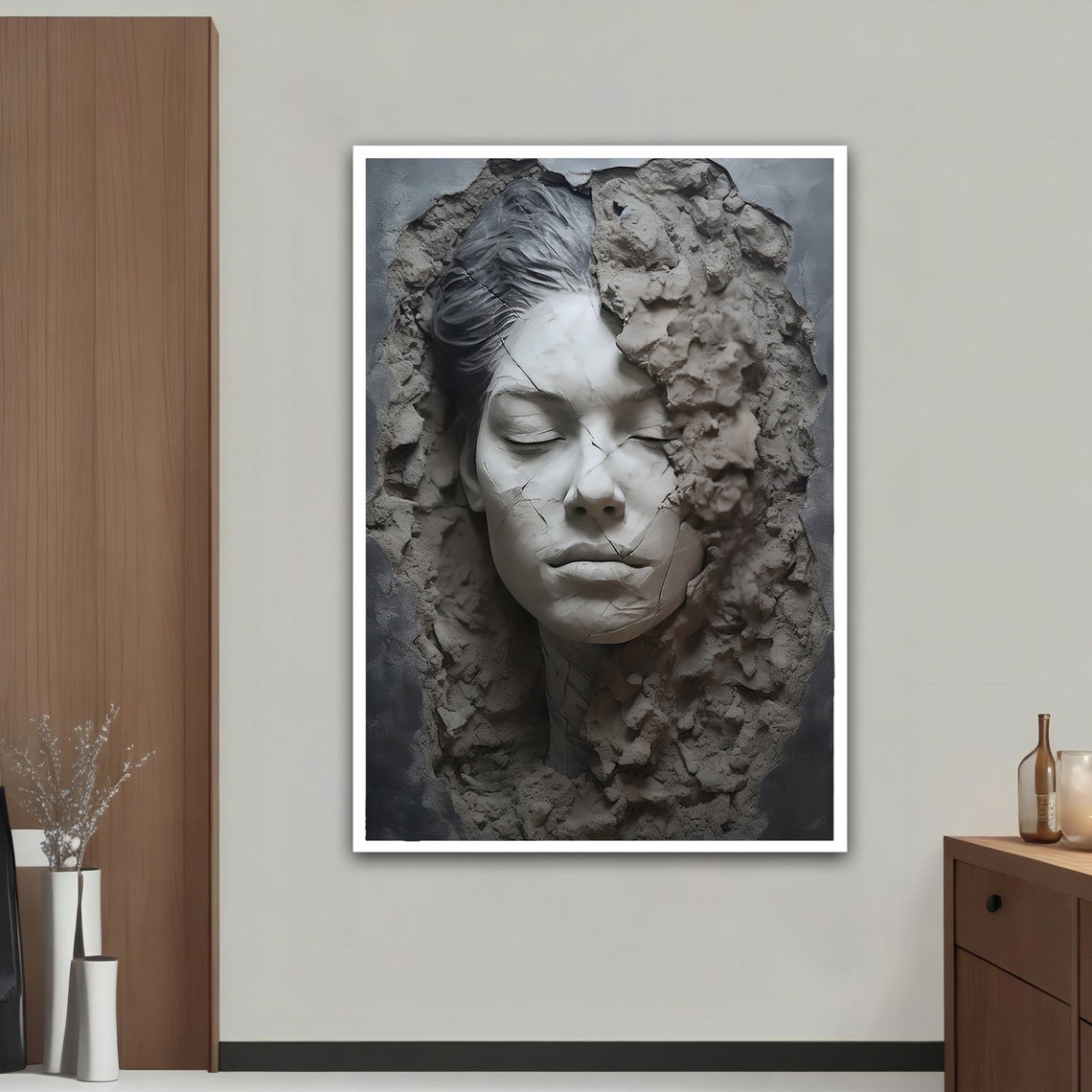 3D Plaster Woman Face Emerging Cracked Concrete Sculpture Art Poster - Image 3