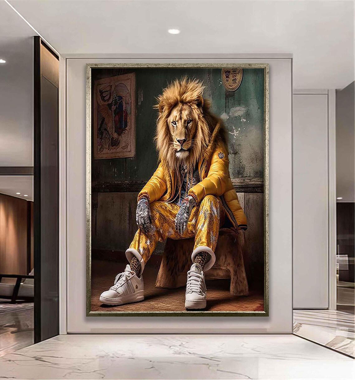 Funny Lion In Yellow Tracksuit Street Style Animal Wall Art Poster - Image 4
