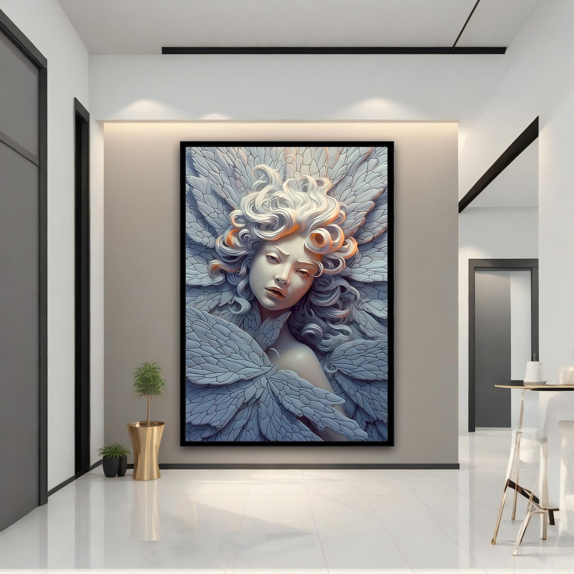 Sculpture Style Woman Feather Wings Cool Blue Gray Wall Art Print