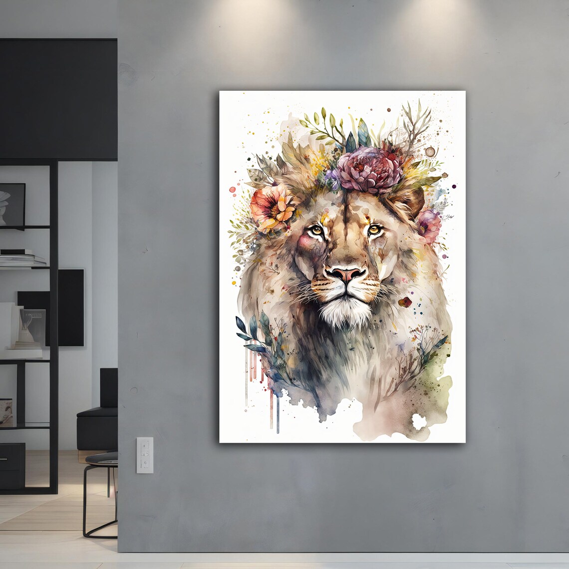 Lion Floral Crown Watercolor Portrait Elegant Animal Wall Art Print - Image 3