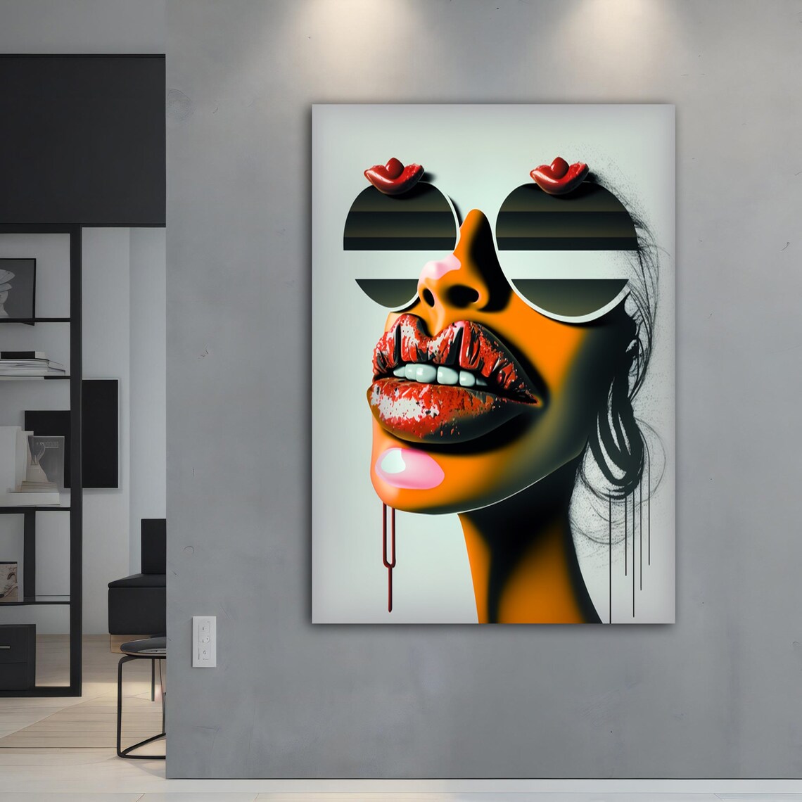 Pop Art Woman Face Red Lips Striped Sunglasses Bold Modern Portrait Poster - Image 4