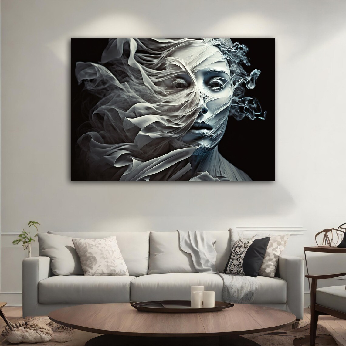 Woman Face White Smoke Veil Monochrome Ethereal Portrait Wall Art Poster - Image 4
