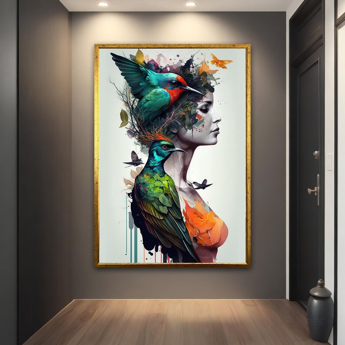 Woman With Colorful Tropical Birds Hair Surreal Nature Art Poster - Image 2