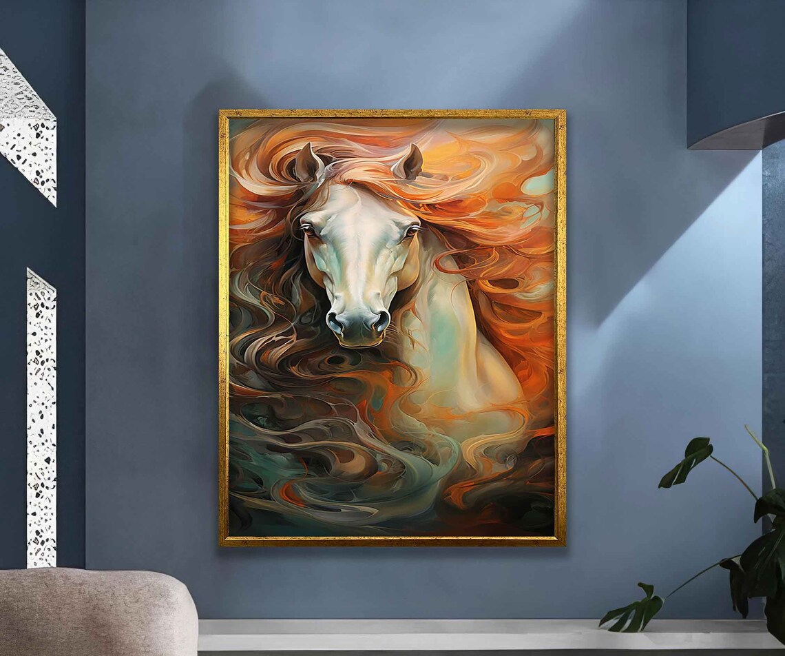 White Horse Fiery Orange Flowing Mane Majestic Equine Art Poster - Image 3