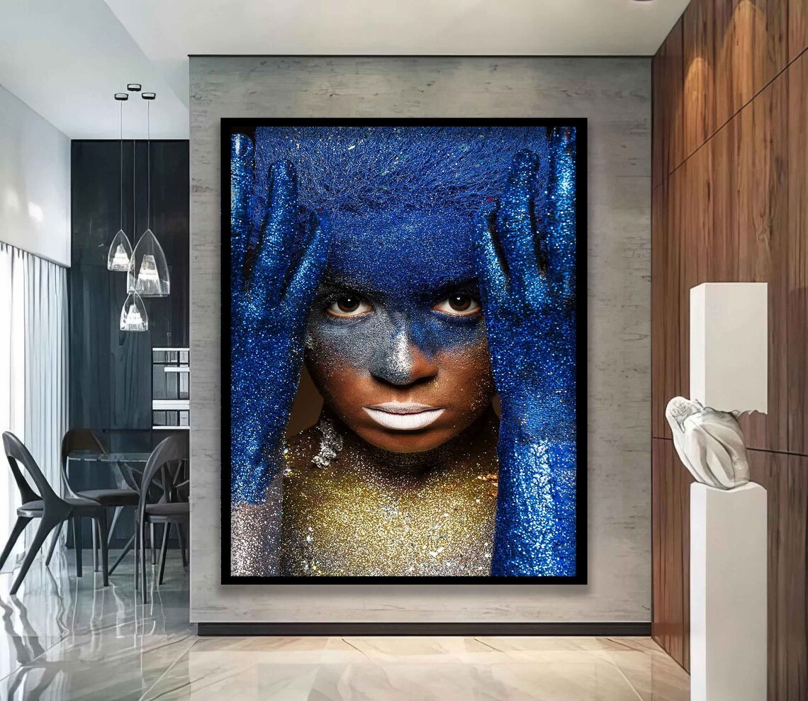 Blue And Gold Glitter Women Glitter Women Wall Art Glitter Woman Wall Art Make Up Woman Painting - Image 5