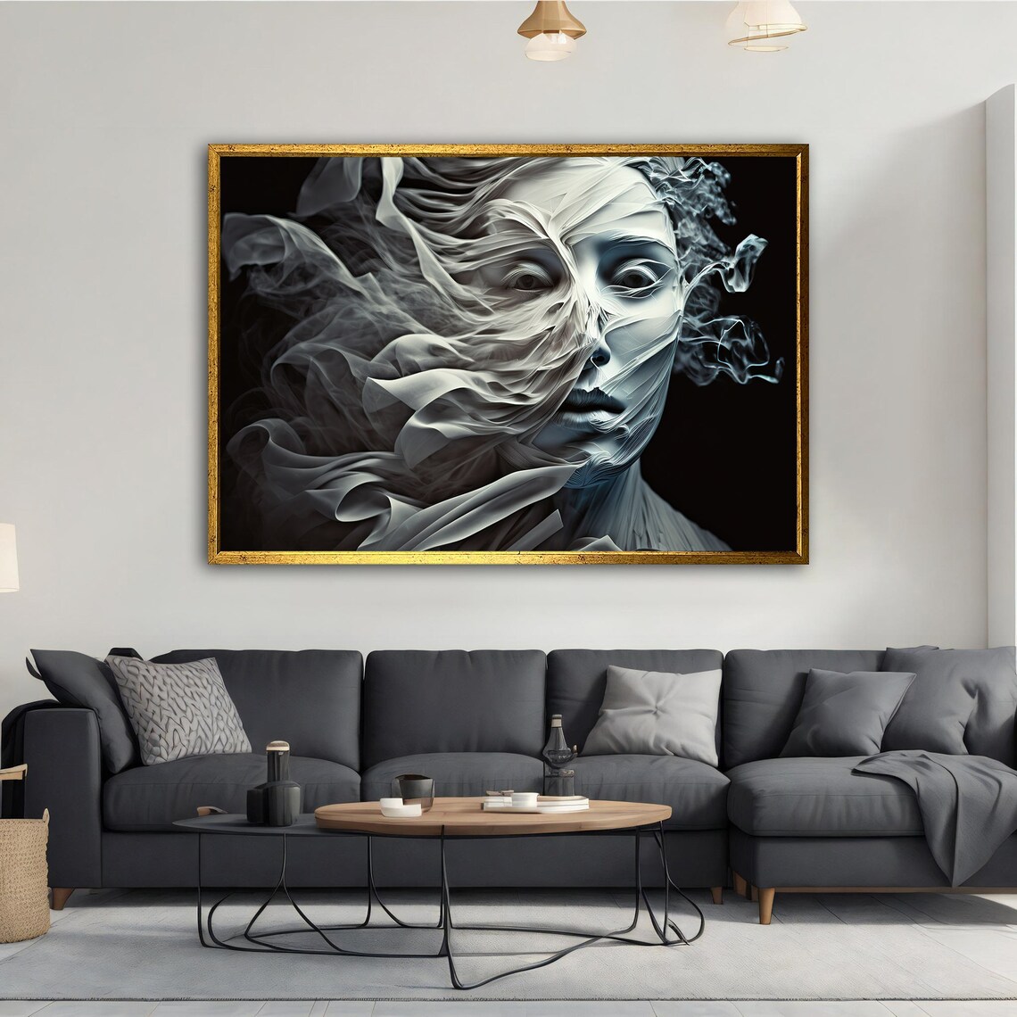 Woman Face White Smoke Veil Monochrome Ethereal Portrait Wall Art Poster - Image 3