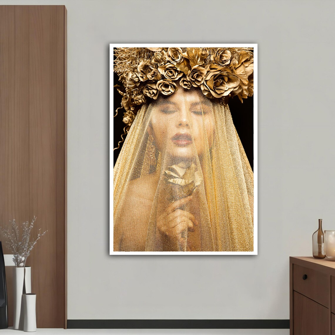 Golden Woman With Rose Crown And Sheer Veil Luxury Art Poster - Image 3