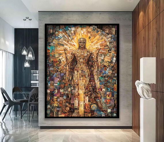 Golden Mosaic Woman Portrait Sunburst Radiant Collage Modern Art Poster