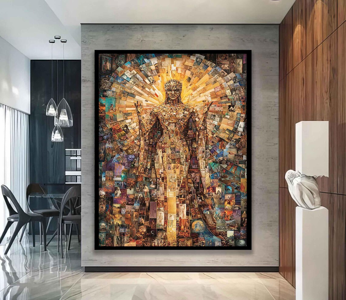 Golden Mosaic Woman Portrait Sunburst Radiant Collage Modern Art Poster