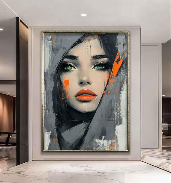 Green Eyed Woman Abstract Portrait Orange Gray Modern Wall Art Poster