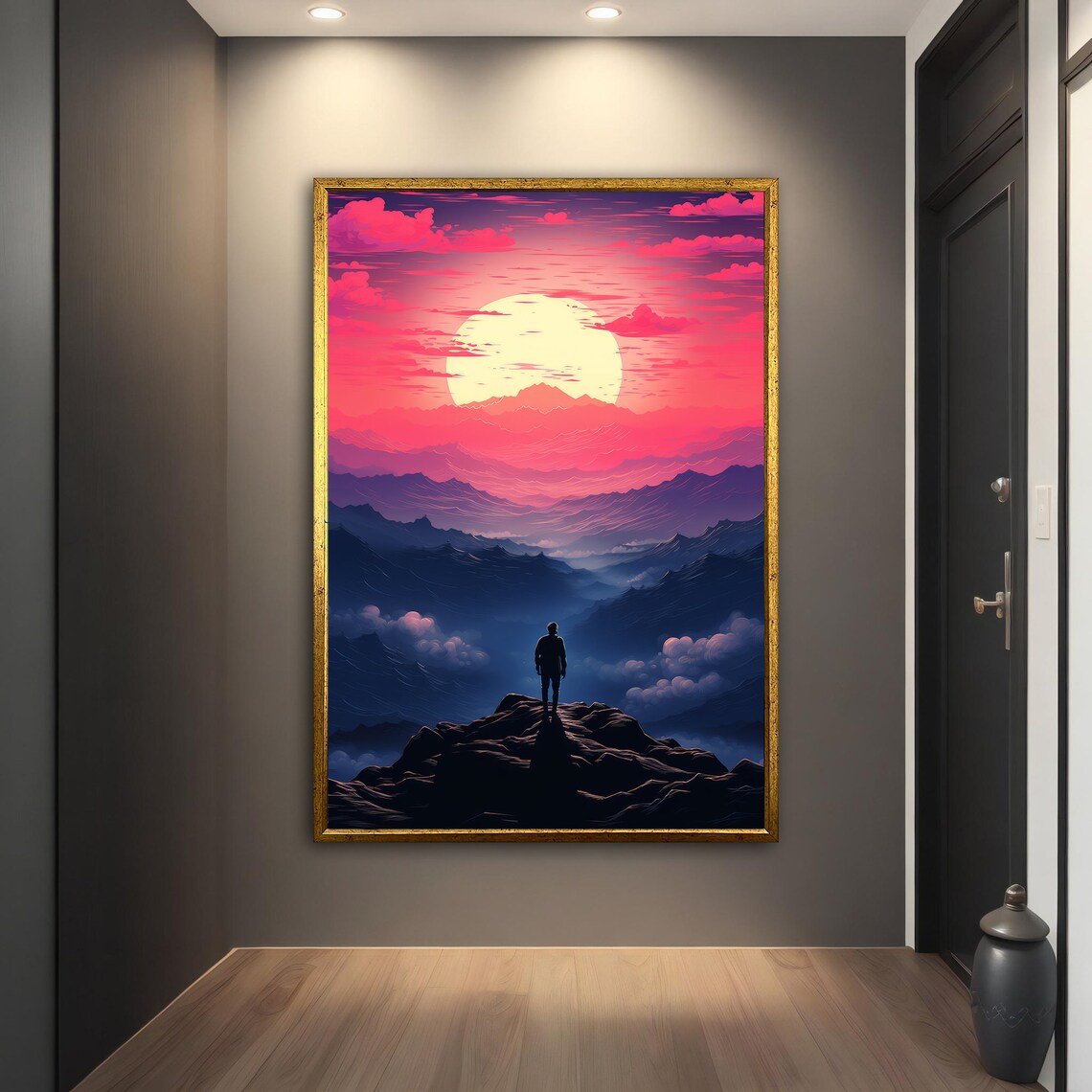 Hiker Mountain Sunrise View Pink Purple Peak Landscape Travel Poster - Image 3