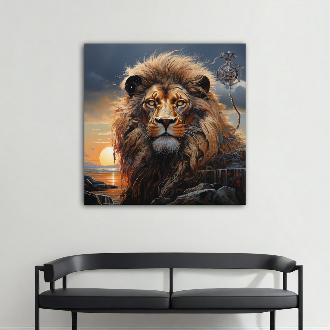 Majestic Lion Sunset Ocean Steampunk Gear Regal Animal Art Poster - Image 3