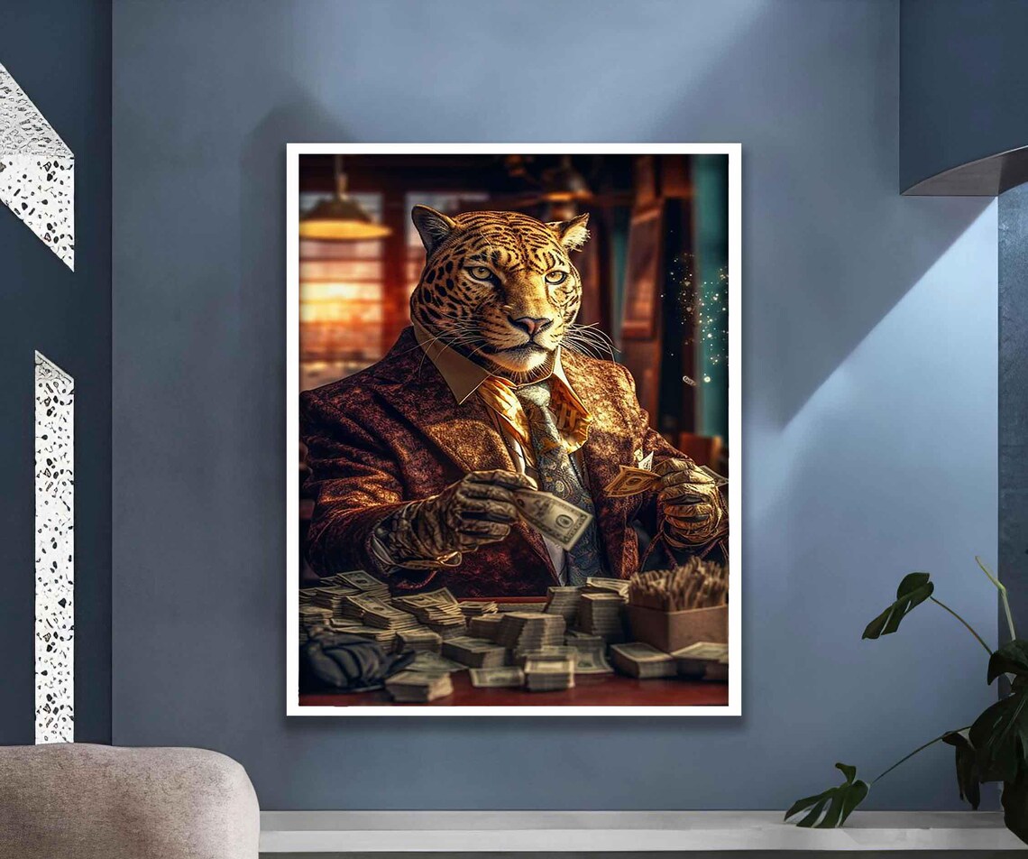 Boss Leopard In Suit Counting Money Funny Luxury Big Cat Office Wall Poster - Image 3
