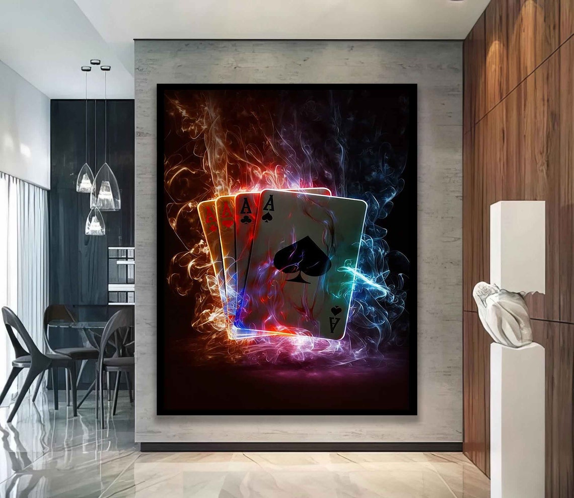 Four Aces Playing Cards With Neon Fire Smoke On Black Art Poster