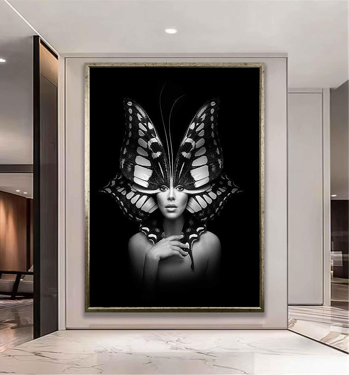 Monochrome Woman With Butterfly Wings Fantasy Portrait Wall Poster - Image 3