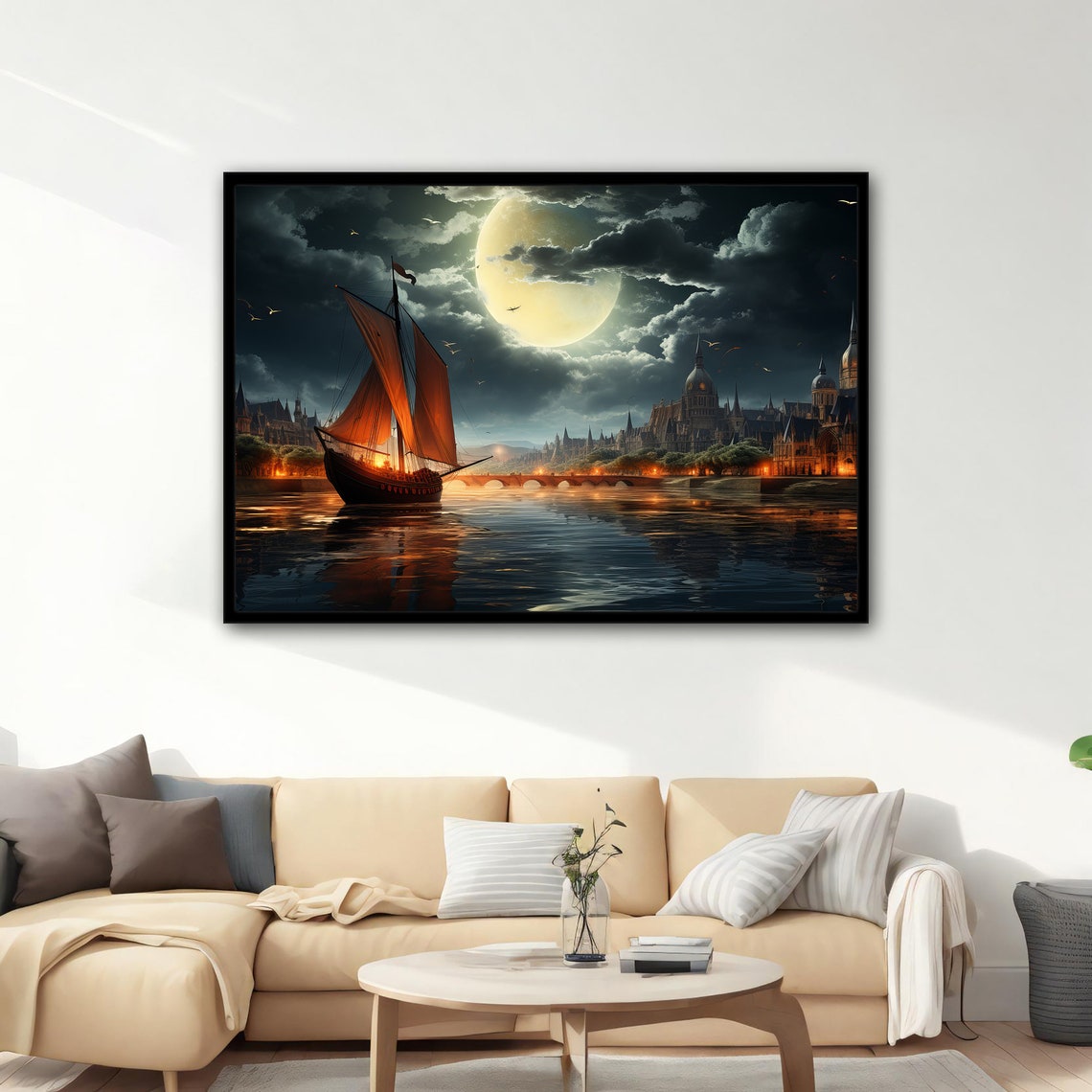 Sailing Ship Red Sails Full Moon Night Harbor Fantasy Nautical Poster - Image 4