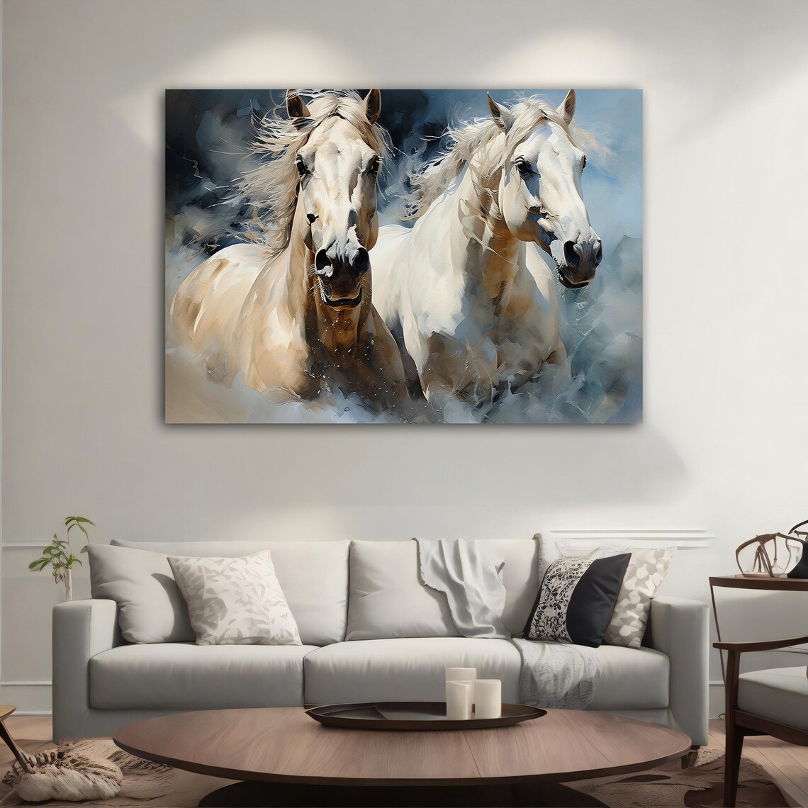 Two White Horses Running Wild Majestic Equine Painting Wall Art Poster - Image 5