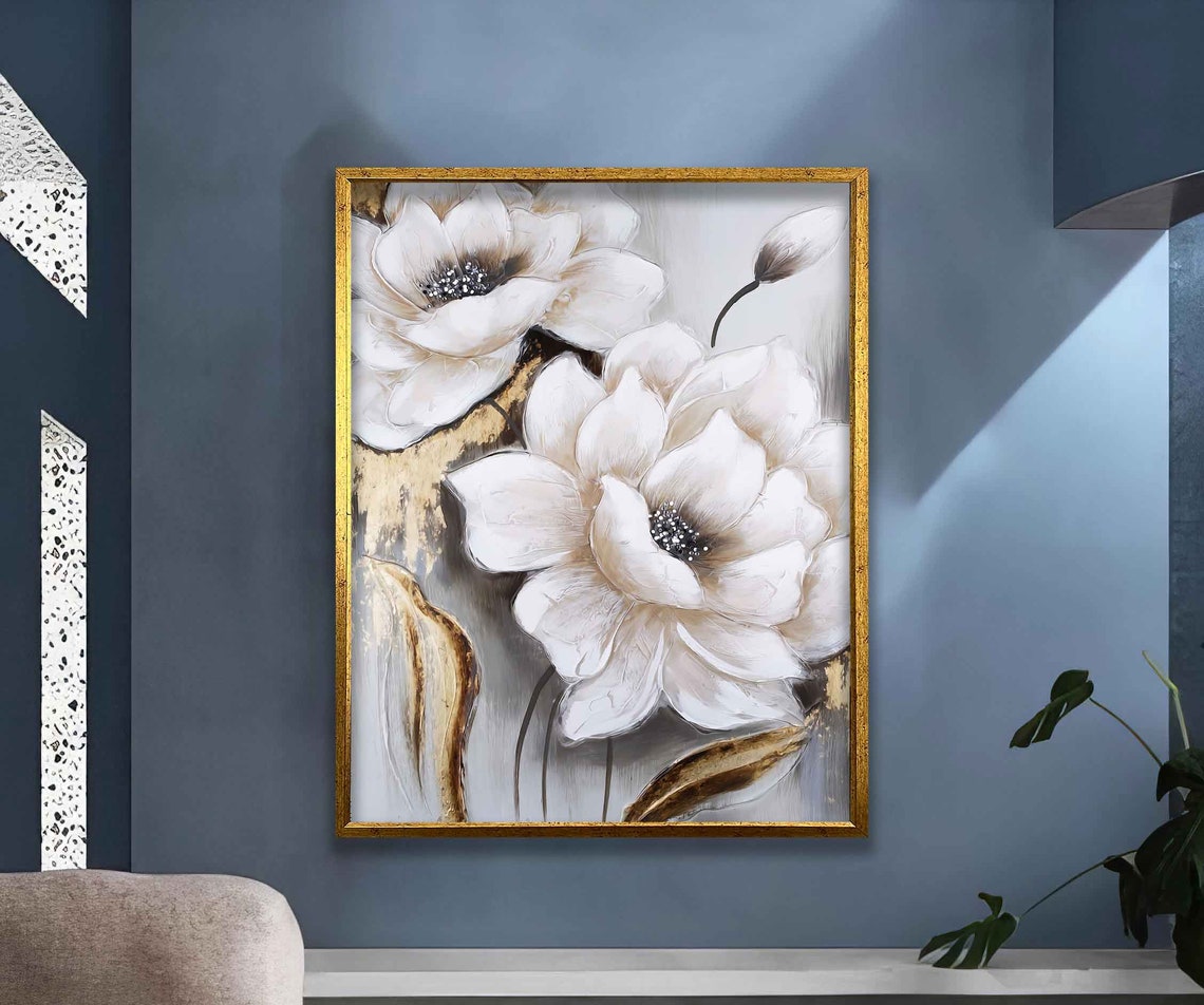 Soft White Magnolia Flowers Gold Grey Abstract Floral Art Poster - Image 5