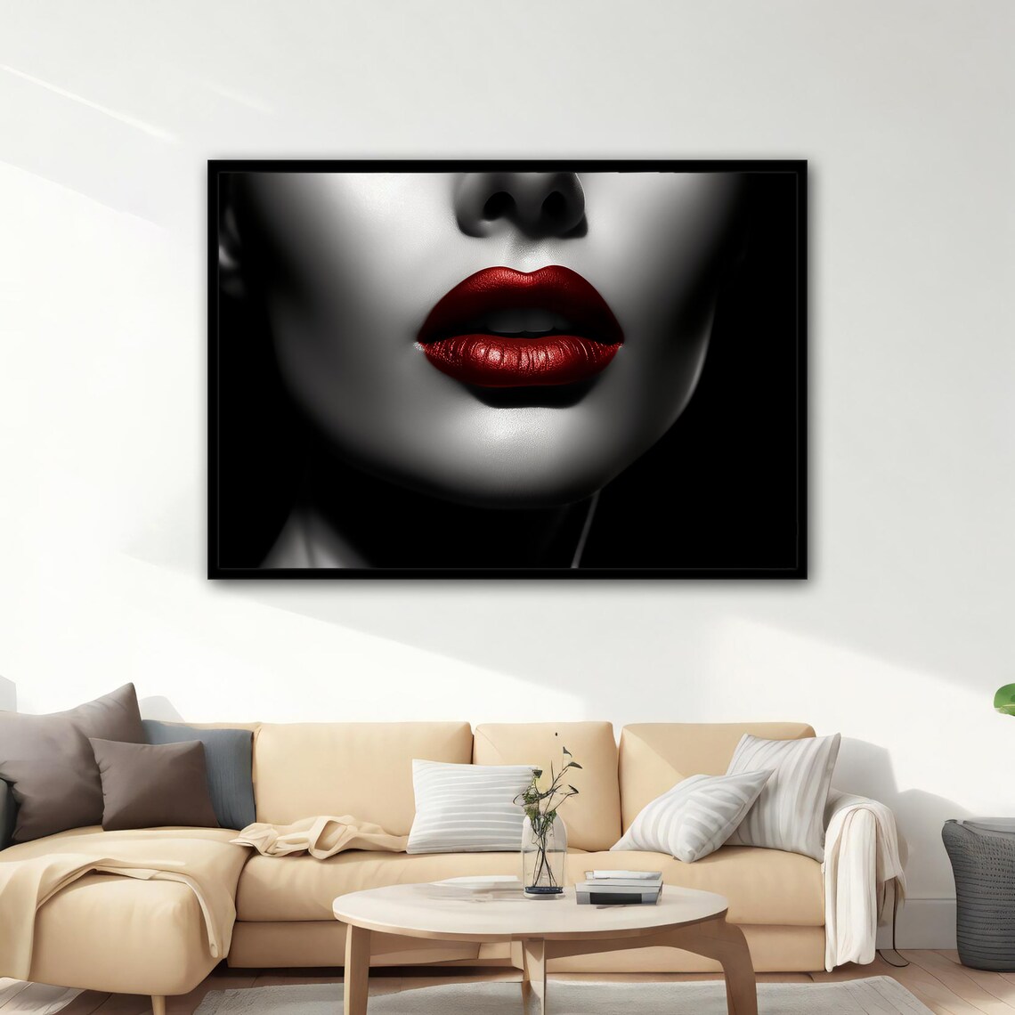 Red Lips Close Up Grayscale Portrait Glamorous Fashion Wall Art Poster - Image 3