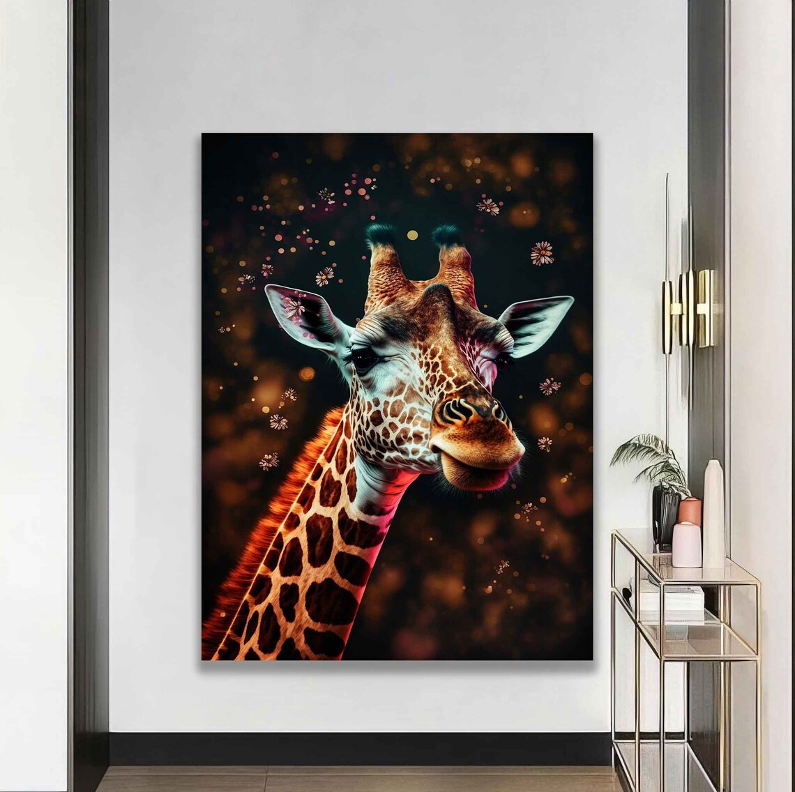 Giraffe Portrait Dark Background Golden Bokeh Wildlife Animal Art Poster - Image 5