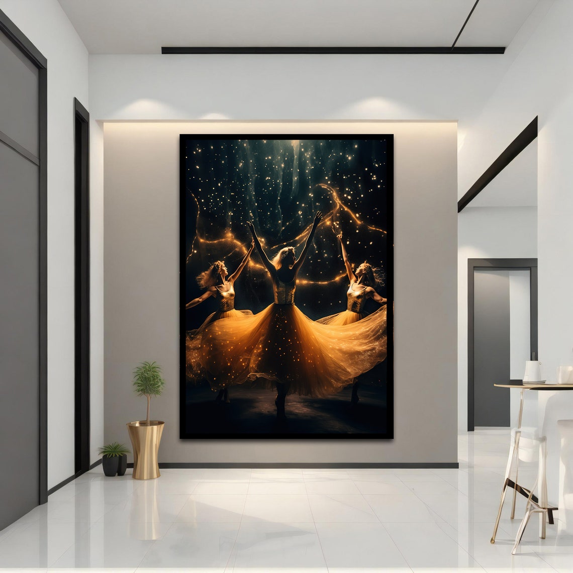 Golden Dancers Under Starry Night Magical Dance Art Print Poster - Image 2